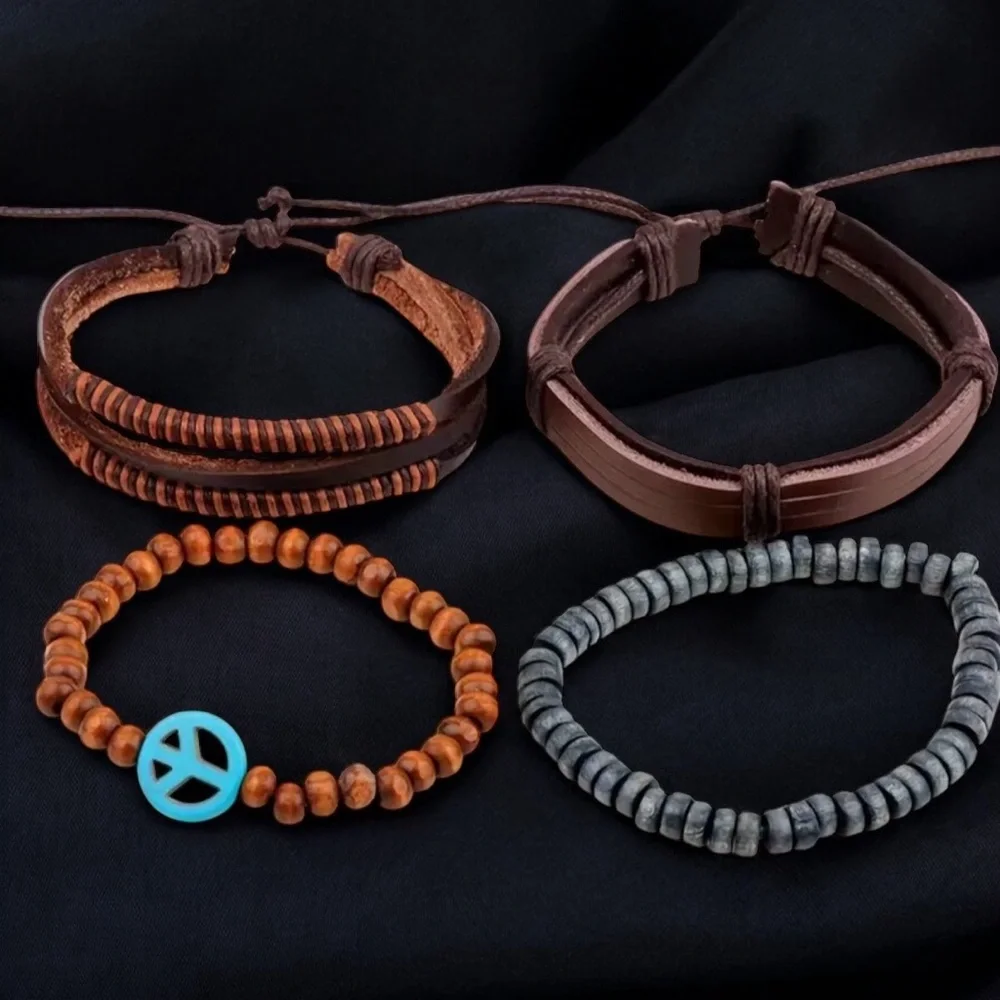4pc Multi-layer Cool Bracelet,‎ Unisex Wooden Beads PU Leather Braided Bracelet
